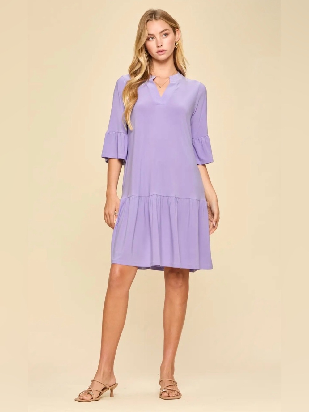 Dear Scarlett Lizzy Sunday Midi Dress Flowy Tiered Lavender 3/4 Flare Sleeve NWT